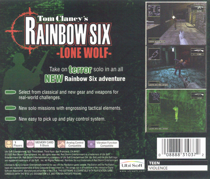 Tom Clancy's Rainbow Six: Lone Wolf | PlayStation | back cover | region=North America | source-country=United States | zypher-v2 | moby-13d19f39151a | Data by MobyGames.com