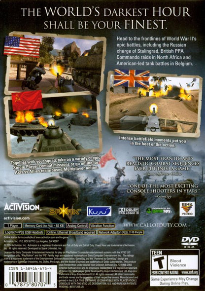 Call of Duty: Finest Hour | PlayStation 2 | back cover | region=North America | source-country=Canada,United States | zypher-v2 | moby-3d1fa15faccf | Data by MobyGames.com
