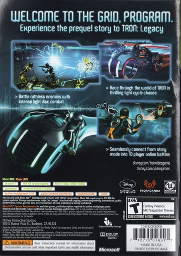 Tron: Evolution | Xbox 360 | back cover | region=North America | source-country=United States | zypher-v2 | moby-687e1d9354f9 | Data by MobyGames.com