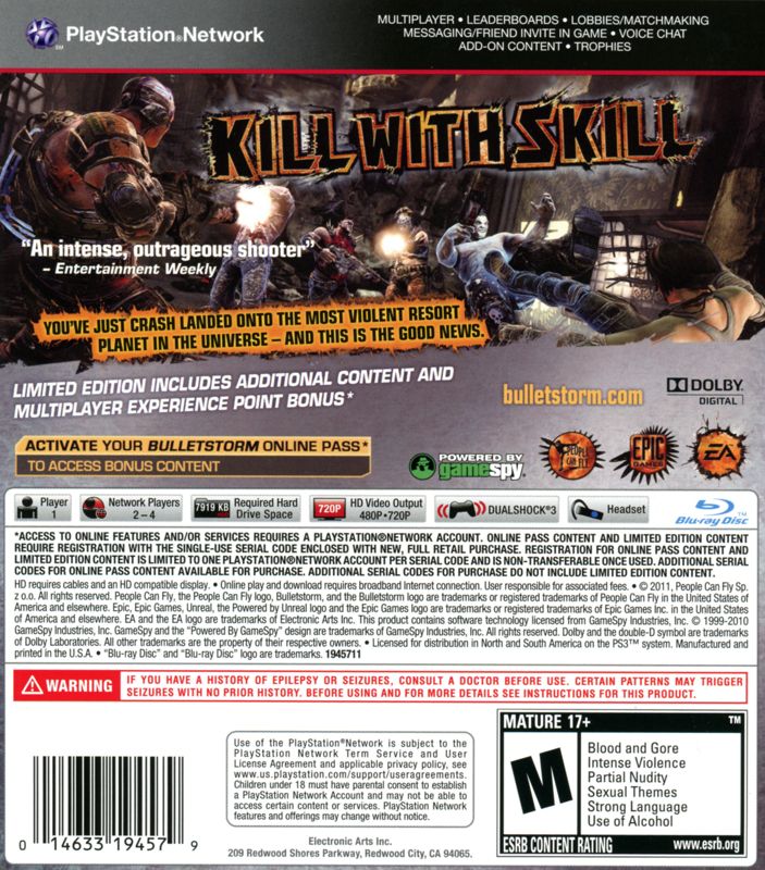Bulletstorm (Limited Edition) | PlayStation 3 | back cover | Data by MobyGames.com