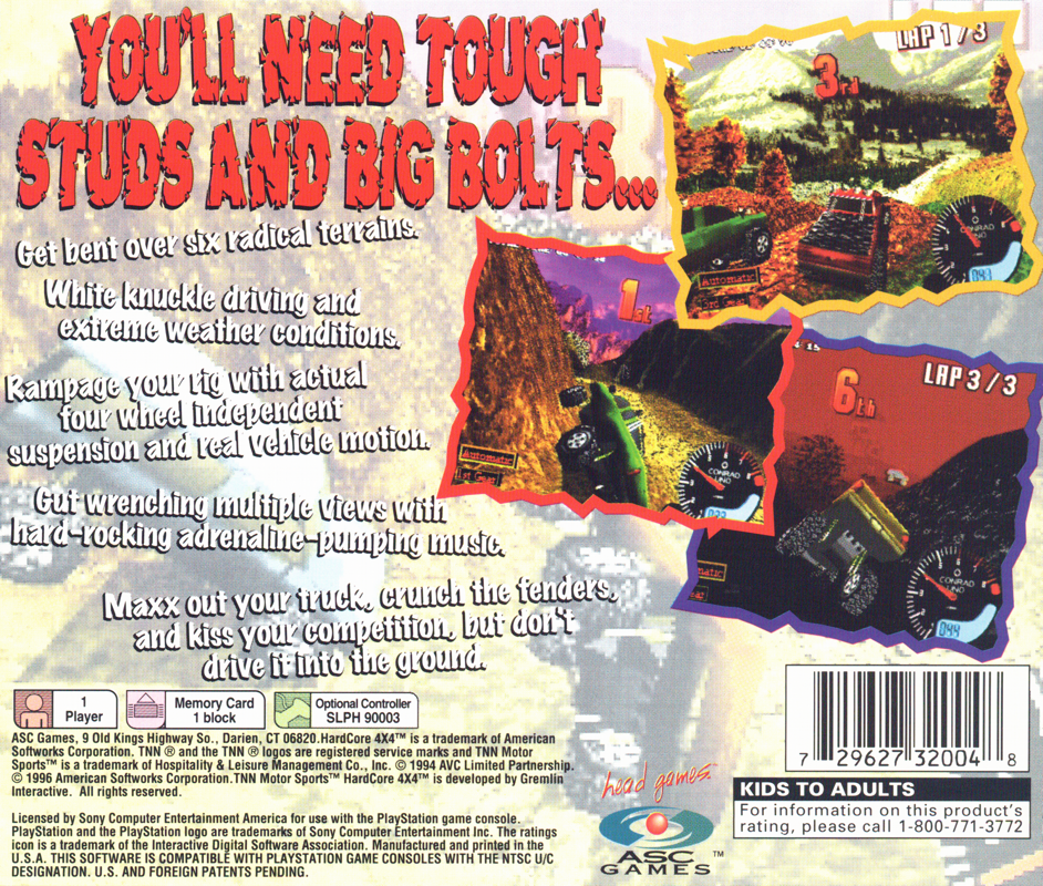 TNN Motor Sports Hardcore 4x4 | PlayStation | back cover | region=North America | source-country=United States | zypher-v2 | moby-9b8466fa0d76 | Data by MobyGames.com