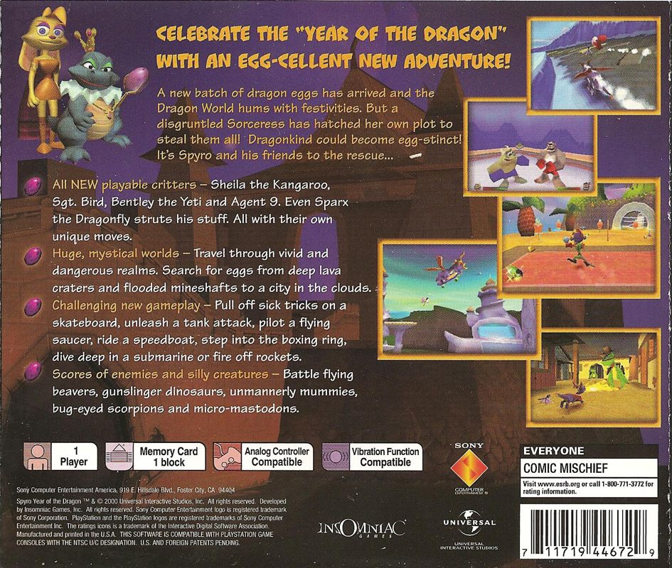 Spyro: Year of the Dragon | PlayStation | back cover | region=North America | source-country=United States | zypher-v2 | moby-1d0191e78b6a | Data by MobyGames.com