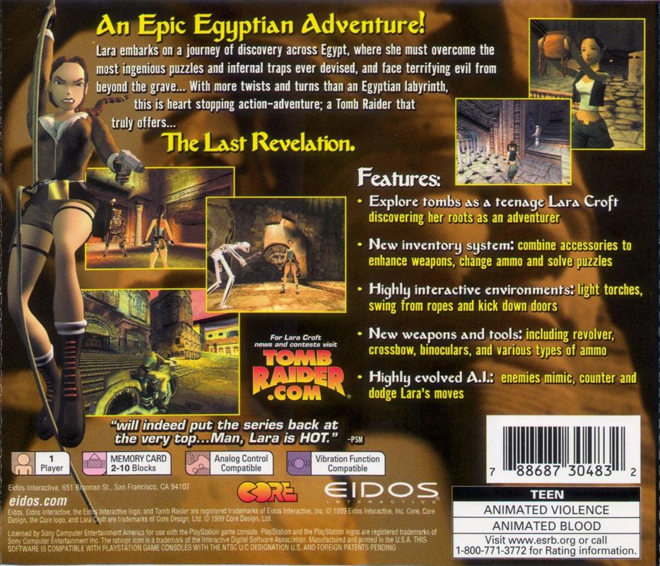 Tomb Raider: The Last Revelation | PlayStation | back cover | region=North America | source-country=Canada,United States | zypher-v2 | moby-3a200df669f7 | Data by MobyGames.com