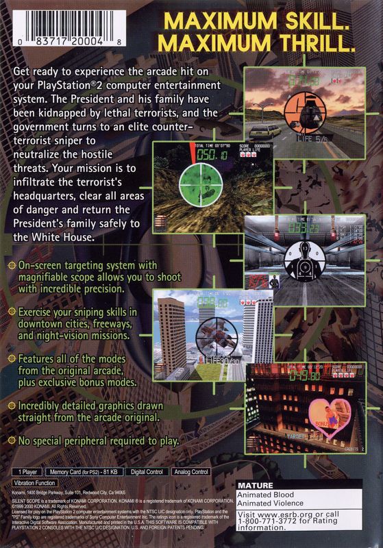 Silent Scope | PlayStation 2 | back cover | region=North America | source-country=Canada,United States | zypher-v2 | moby-8dce22215335 | Data by MobyGames.com