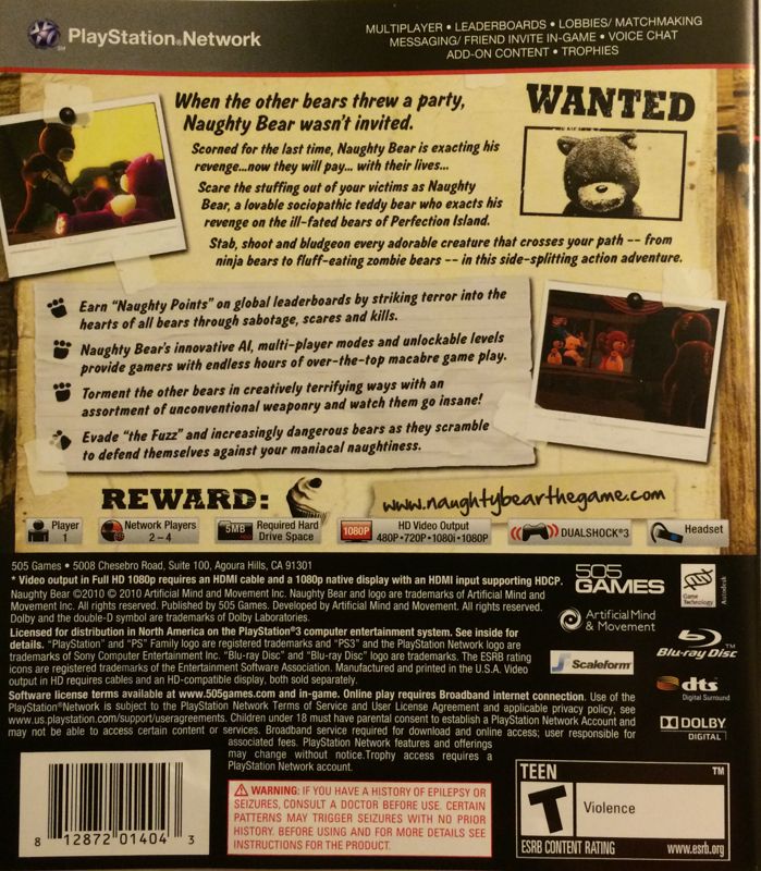 
Naughty Bear | PlayStation 3 | back cover | Data by MobyGames.com