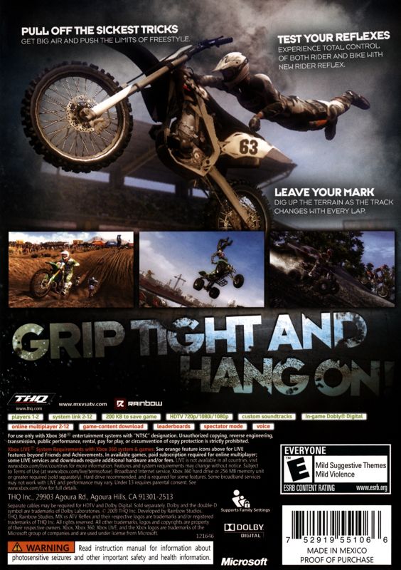 MX vs ATV Reflex | Xbox 360 | back cover | region=North America | source-country=United States | zypher-v2 | moby-989f7bc7f4dc | Data by MobyGames.com