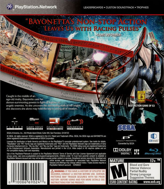 Bayonetta | PlayStation 3 | back cover | region=North America | source-country=United States | zypher-v2 | moby-bbf380092ded | Data by MobyGames.com