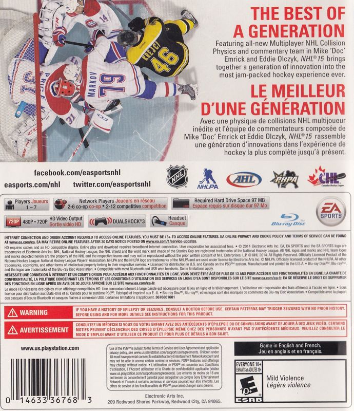 NHL 15 | PlayStation 3 | back cover | Region: North America | source-country=Canada | Data by MobyGames.com