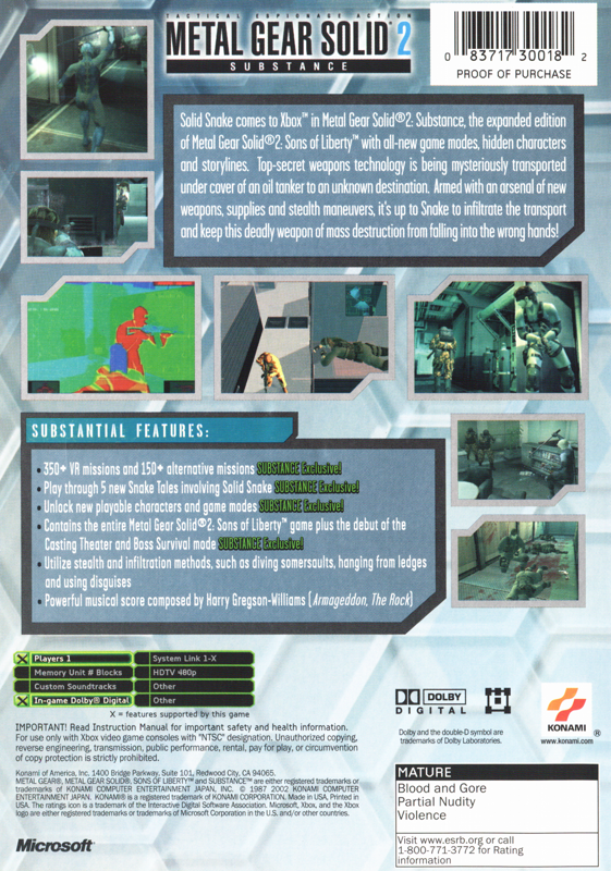 Metal Gear Solid 2: Substance | Xbox | back cover | region=North America | source-country=Canada,United States | zypher-v2 | moby-e13cb0bb39a9 | Data by MobyGames.com