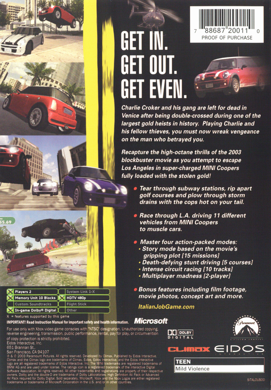 
The Italian Job | Xbox | back cover | Data by MobyGames.com