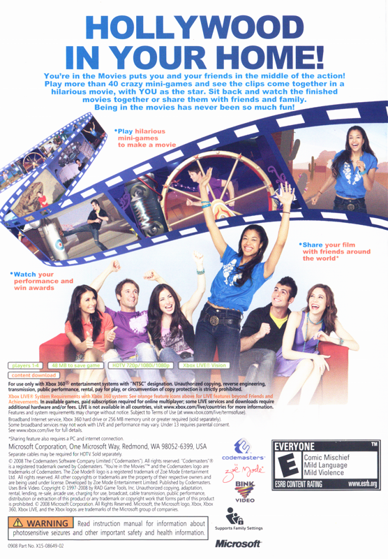 You're in the Movies | Xbox 360 | back cover | Region: North America | source-country=United States | Data by MobyGames.com