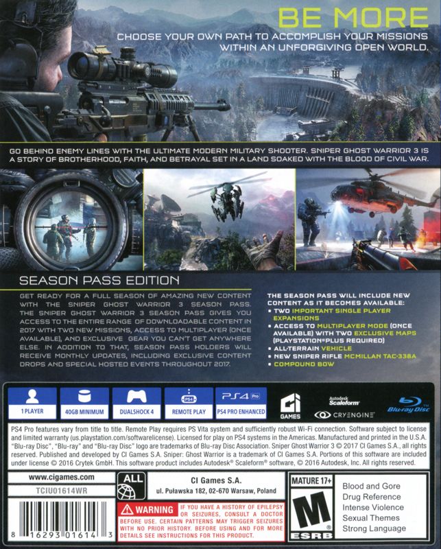 Sniper: Ghost Warrior 3 - Season Pass Edition | PlayStation 4 | back cover | Region: North America | source-country=United States | Data by MobyGames.com
