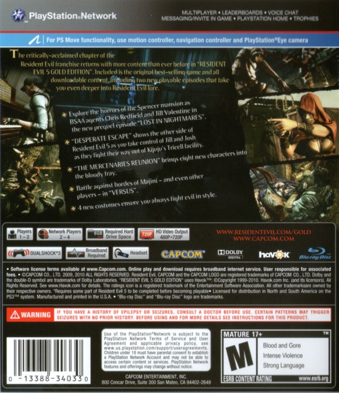 Resident Evil 5: Gold Edition | PlayStation 3 | back cover | Region: North America | source-country=United States | Data by MobyGames.com