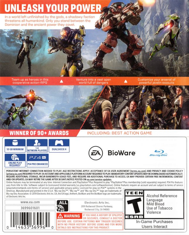 Anthem | PlayStation 4 | back cover | region=North America | source-country=United States | zypher-v2 | moby-e15a97b14d8c | Data by MobyGames.com