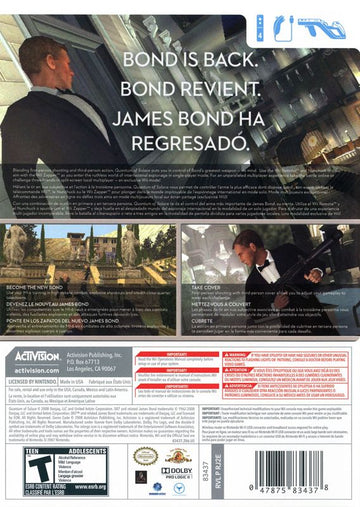007: Quantum of Solace | Wii | back cover | region=North America | source-country=Canada,Mexico,United States | zypher-v2 | moby-300bc4bd74c4 | Data by MobyGames.com