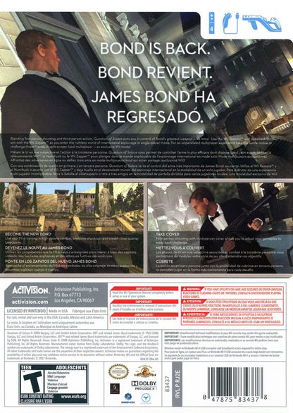 007: Quantum of Solace | Wii | back cover | region=North America | source-country=Canada,Mexico,United States | zypher-v2 | moby-300bc4bd74c4 | Data by MobyGames.com
