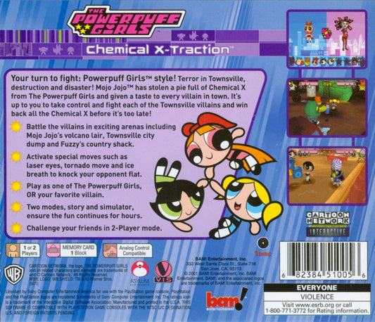 
The Powerpuff Girls: Chemical X-Traction | PlayStation | back cover | Region: North America | source-country=Canada,United States | Data by MobyGames.com