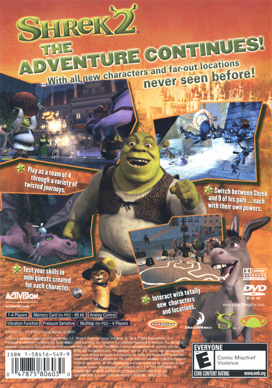 
Shrek 2 | PlayStation 2 | back cover | Region: North America | source-country=United States | Data by MobyGames.com