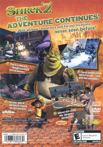 
Shrek 2 | PlayStation 2 | back cover | Region: North America | source-country=United States | Data by MobyGames.com