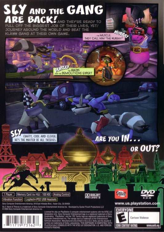 
Sly 2: Band of Thieves | PlayStation 2 | back cover | Region: North America | source-country=Canada,United States | Data by MobyGames.com
