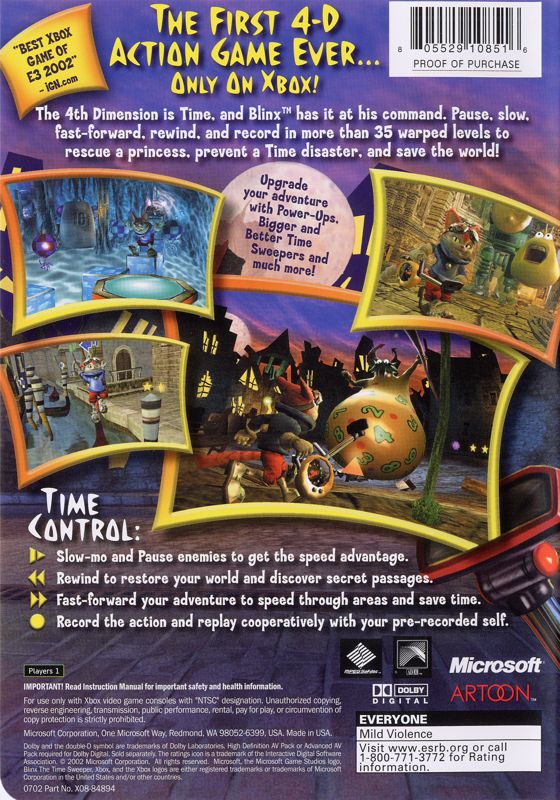 Blinx: The Time Sweeper | Xbox | back cover | region=North America | source-country=Canada,United States | zypher-v2 | moby-3c4324d06878 | Data by MobyGames.com