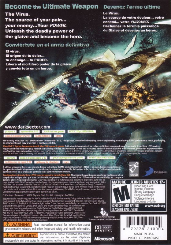 
Dark Sector | Xbox 360 | back cover | Data by MobyGames.com