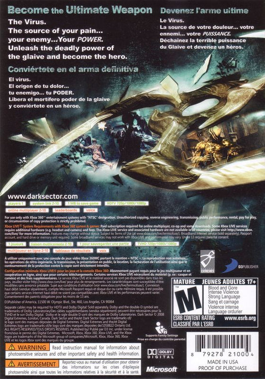 
Dark Sector | Xbox 360 | back cover | Data by MobyGames.com