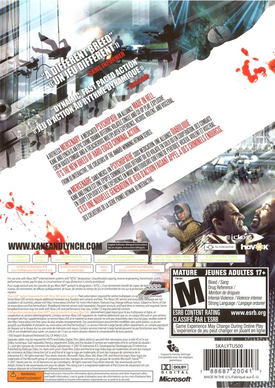 
Kane & Lynch: Dead Men | Xbox 360 | back cover | Region: North America | source-country=Canada,United States | Data by MobyGames.com