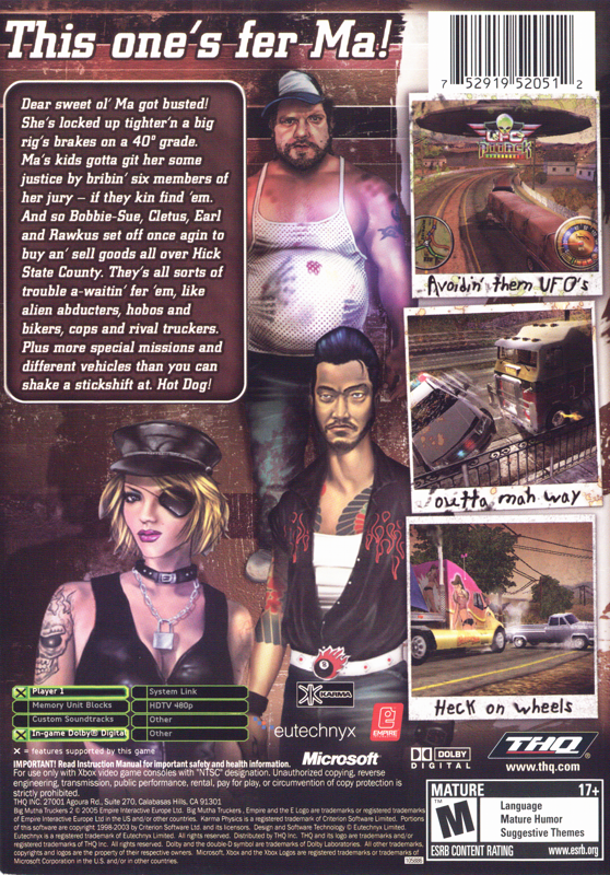 Big Mutha Truckers 2 | Xbox | back cover | region=North America | source-country=United States | zypher-v2 | moby-275f8152aae4 | Data by MobyGames.com