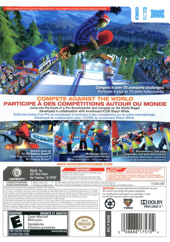 
Shaun White Snowboarding: World Stage | Wii | back cover | Data by MobyGames.com