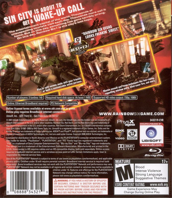 Tom Clancy's Rainbow Six: Vegas | PlayStation 3 | back cover | region=North America | source-country=United States | zypher-v2 | moby-8313efa73e21 | Data by MobyGames.com