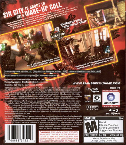 Tom Clancy's Rainbow Six: Vegas | PlayStation 3 | back cover | region=North America | source-country=United States | zypher-v2 | moby-8313efa73e21 | Data by MobyGames.com