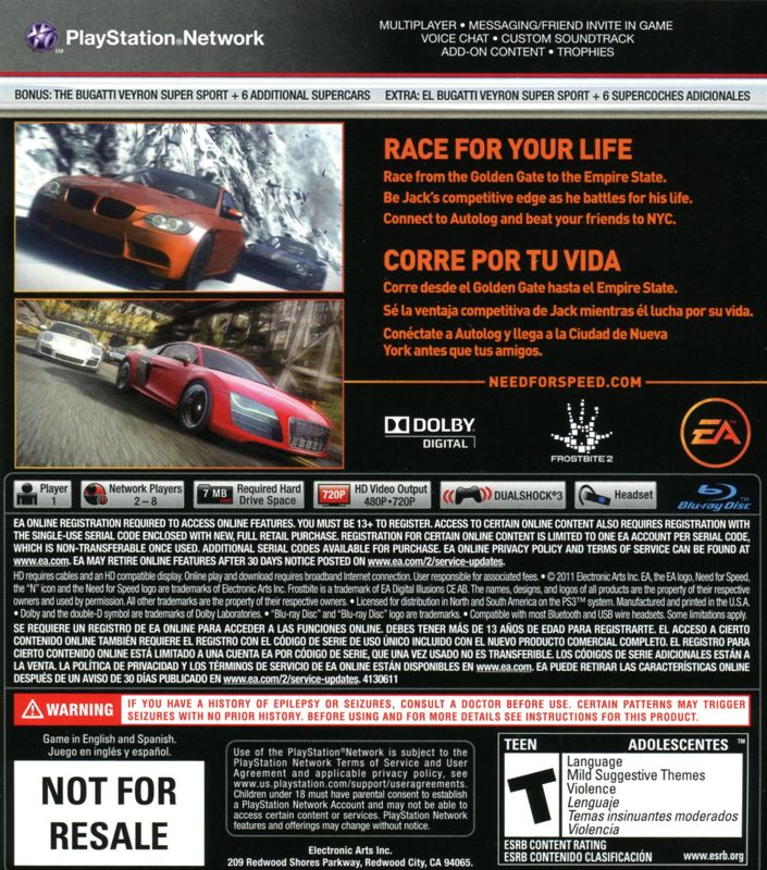 Need for Speed: The Run | PlayStation 3 | back cover | region=North America | source-country=Mexico,United States | zypher-v2 | moby-f3928ec043a5 | Data by MobyGames.com