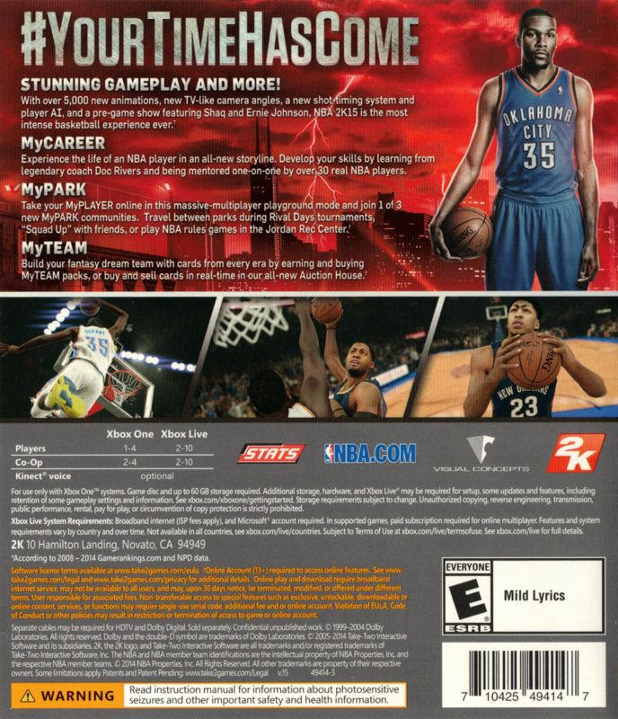 NBA 2K15 | Xbox One | back cover | region=North America | source-country=United States | zypher-v2 | moby-77979e2431e1 | Data by MobyGames.com