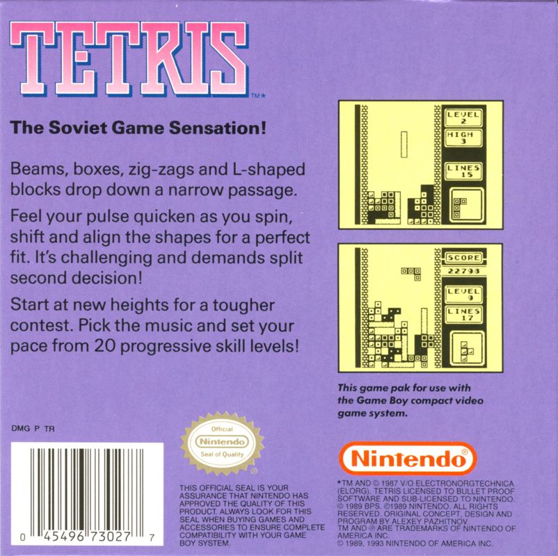 
Tetris | Game Boy | back cover | Region: North America | source-country=United States | Data by MobyGames.com