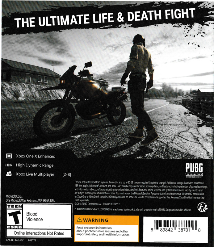 
PlayerUnknown's Battlegrounds | Xbox One | back cover | Data by MobyGames.com
