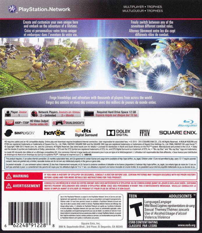 Final Fantasy XIV Online: A Realm Reborn | PlayStation 3 | back cover | region=North America | source-country=Canada | zypher-v2 | moby-d35680591443 | Data by MobyGames.com
