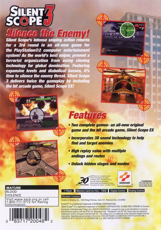 Silent Scope 3 | PlayStation 2 | back cover | region=North America | source-country=United States | zypher-v2 | moby-265f7d56021d | Data by MobyGames.com