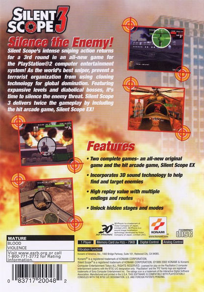 Silent Scope 3 | PlayStation 2 | back cover | region=North America | source-country=United States | zypher-v2 | moby-265f7d56021d | Data by MobyGames.com