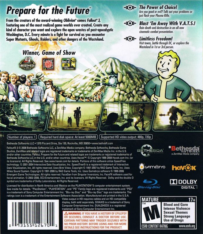 Fallout 3 | PlayStation 3 | back cover | region=North America | source-country=United States | zypher-v2 | moby-b533fc9a0090 | Data by MobyGames.com