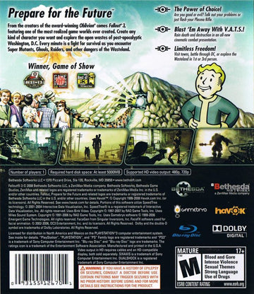 Fallout 3 | PlayStation 3 | back cover | region=North America | source-country=United States | zypher-v2 | moby-b533fc9a0090 | Data by MobyGames.com