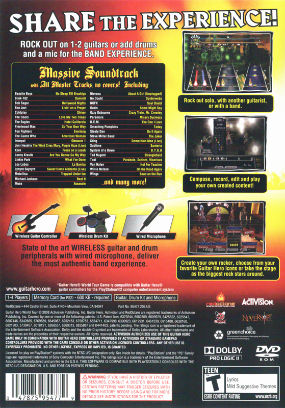 Guitar Hero: World Tour | PlayStation 2 | back cover | region=North America | source-country=United States | zypher-v2 | moby-c44c901f3bfd | Data by MobyGames.com