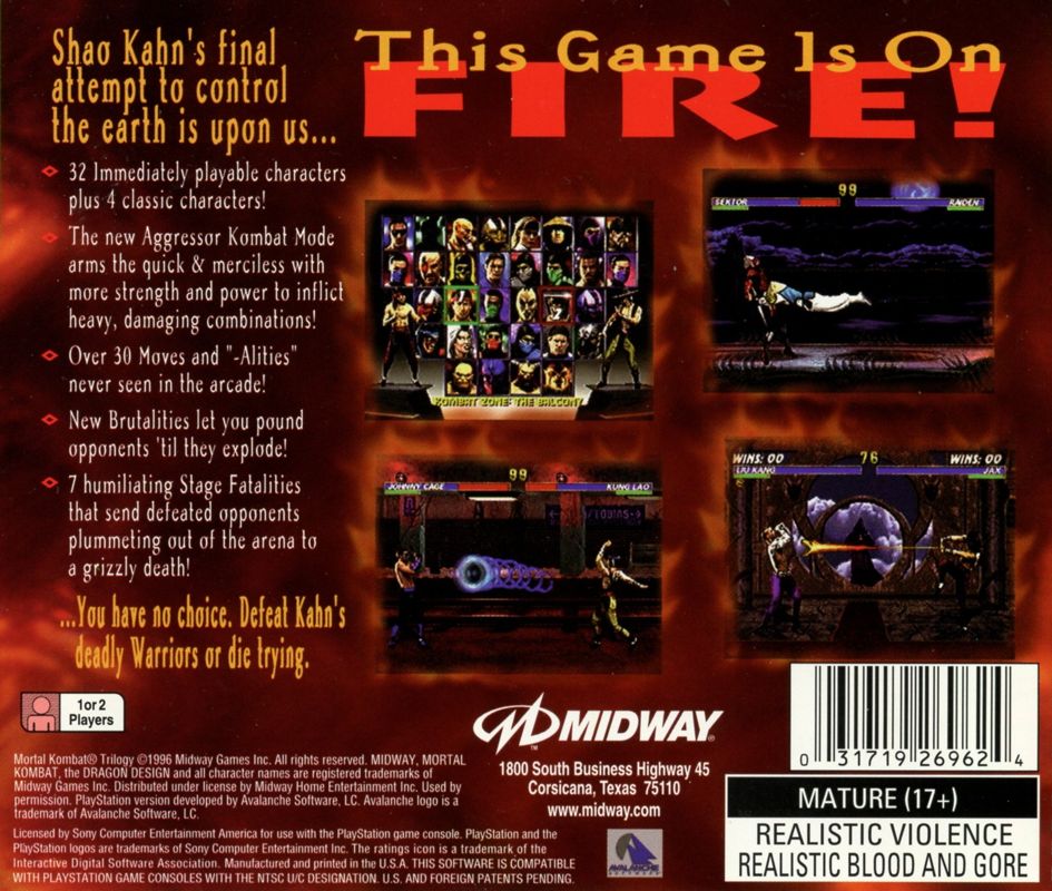 
Mortal Kombat Trilogy | PlayStation | back cover | Region: North America | source-country=United States | Data by MobyGames.com