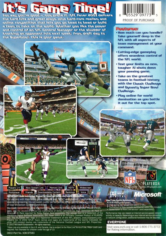 NFL Fever 2003 | Xbox | back cover | region=North America | source-country=United States | zypher-v2 | moby-51df0647d4c8 | Data by MobyGames.com