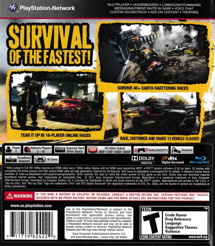 
MotorStorm: Apocalypse | PlayStation 3 | back cover | Data by MobyGames.com