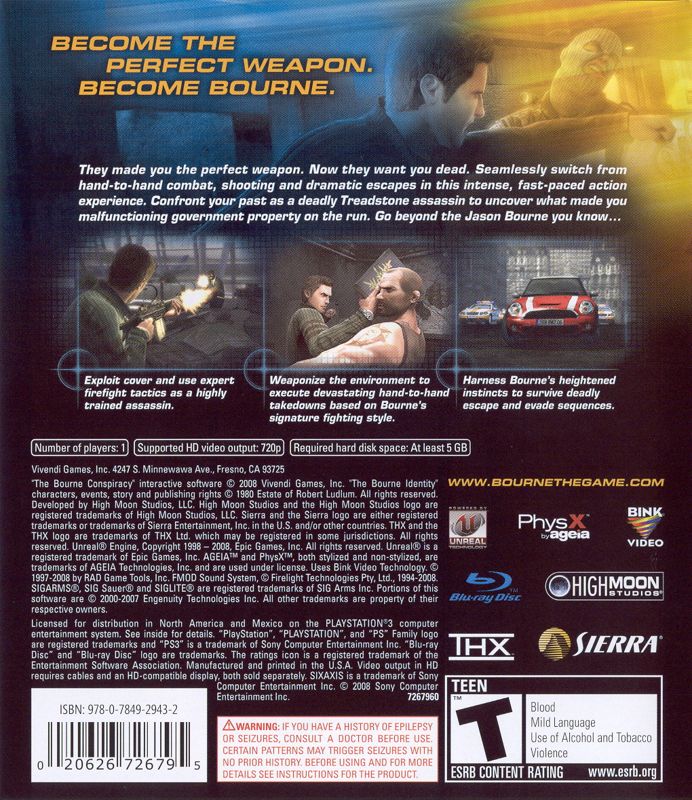 Robert Ludlum's The Bourne Conspiracy | PlayStation 3 | back cover | region=North America | source-country=United States | zypher-v2 | moby-287eb9510075 | Data by MobyGames.com