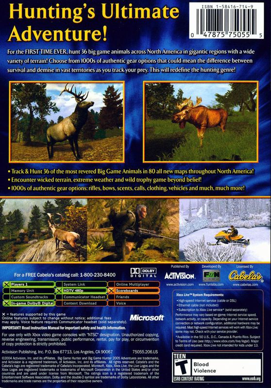 Cabela's Big Game Hunter 2005 Adventures | Xbox | back cover | Region: North America | source-country=Canada,United States | Data by MobyGames.com