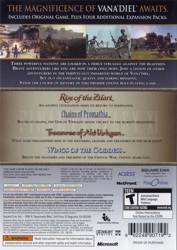 
Final Fantasy XI Online: Vana'Diel Collection 2008 | Xbox 360 | back cover | Region: North America | source-country=United States | Data by MobyGames.com