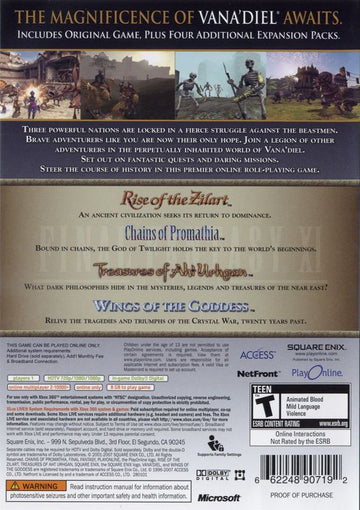 
Final Fantasy XI Online: Vana'Diel Collection 2008 | Xbox 360 | back cover | Region: North America | source-country=United States | Data by MobyGames.com
