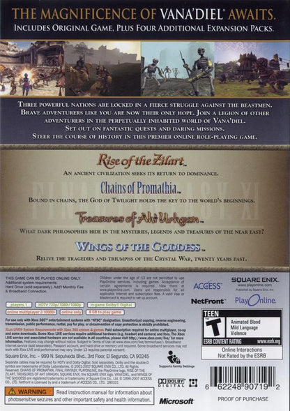 
Final Fantasy XI Online: Vana'Diel Collection 2008 | Xbox 360 | back cover | Region: North America | source-country=United States | Data by MobyGames.com